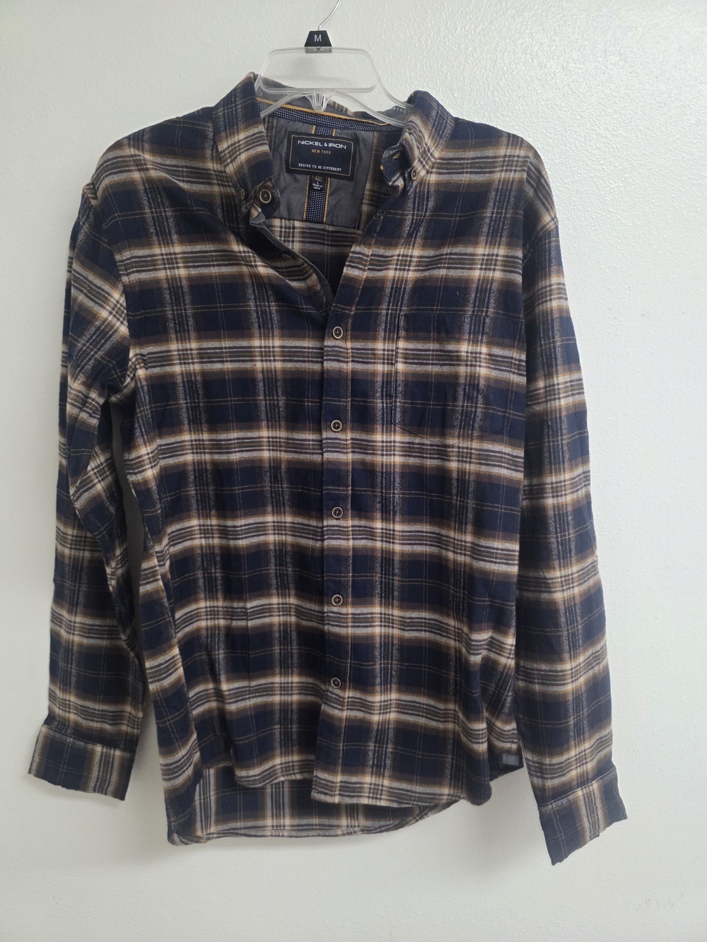 Men’s Navy and Tan Plaid Button-Up Shirt (0524)